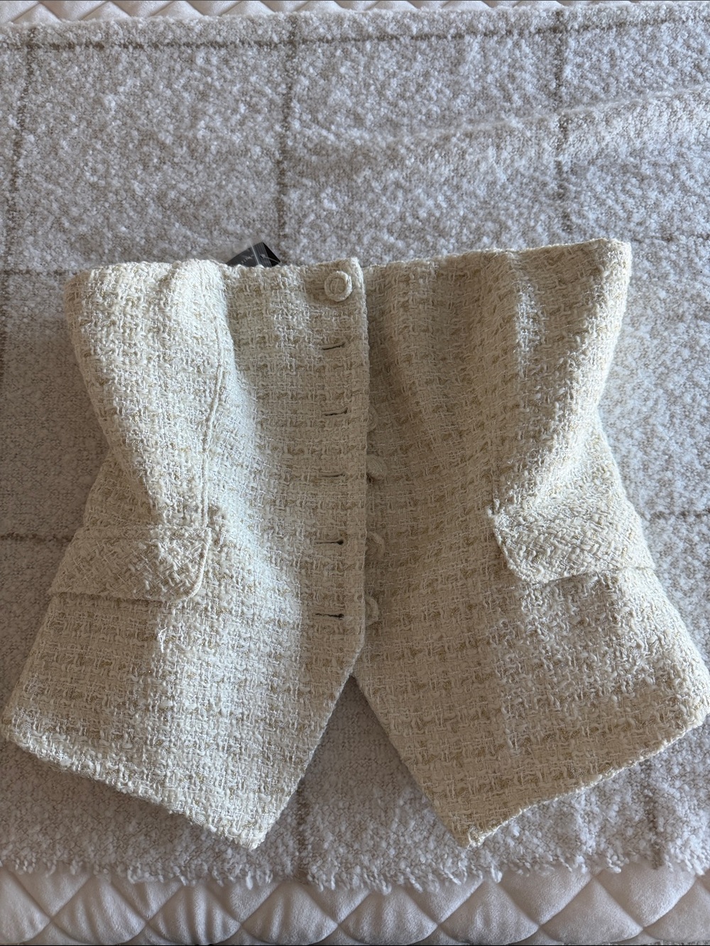 White House Black Market Cream Tweed Button-Down strapless top